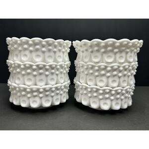 FENTON SET/6 VTG 50s MILK GLASS HOBNAIL THUMBPRINT Dessert Farmhouse Cottagecore